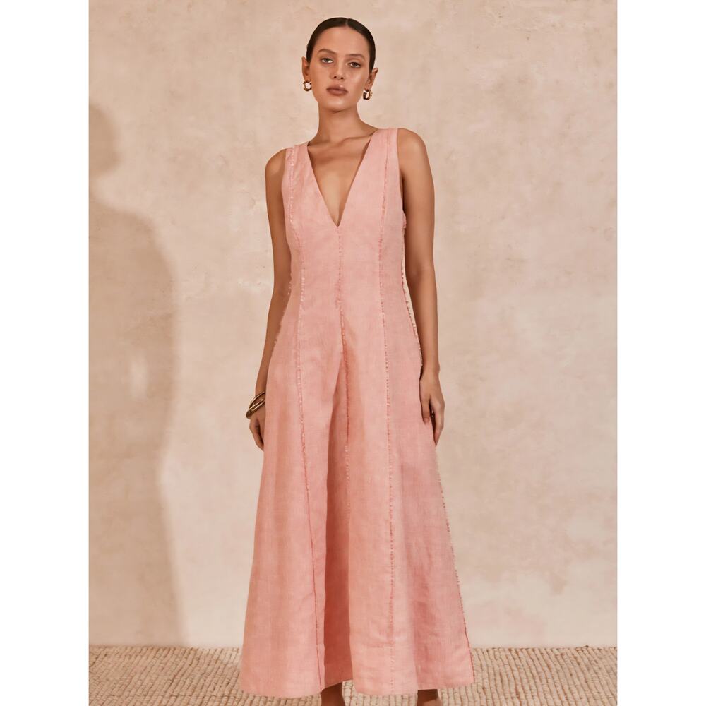 Mon Renn Women's Light Pink Kahlo Linen Blend Sleeveless Midi Dress NWT Size M